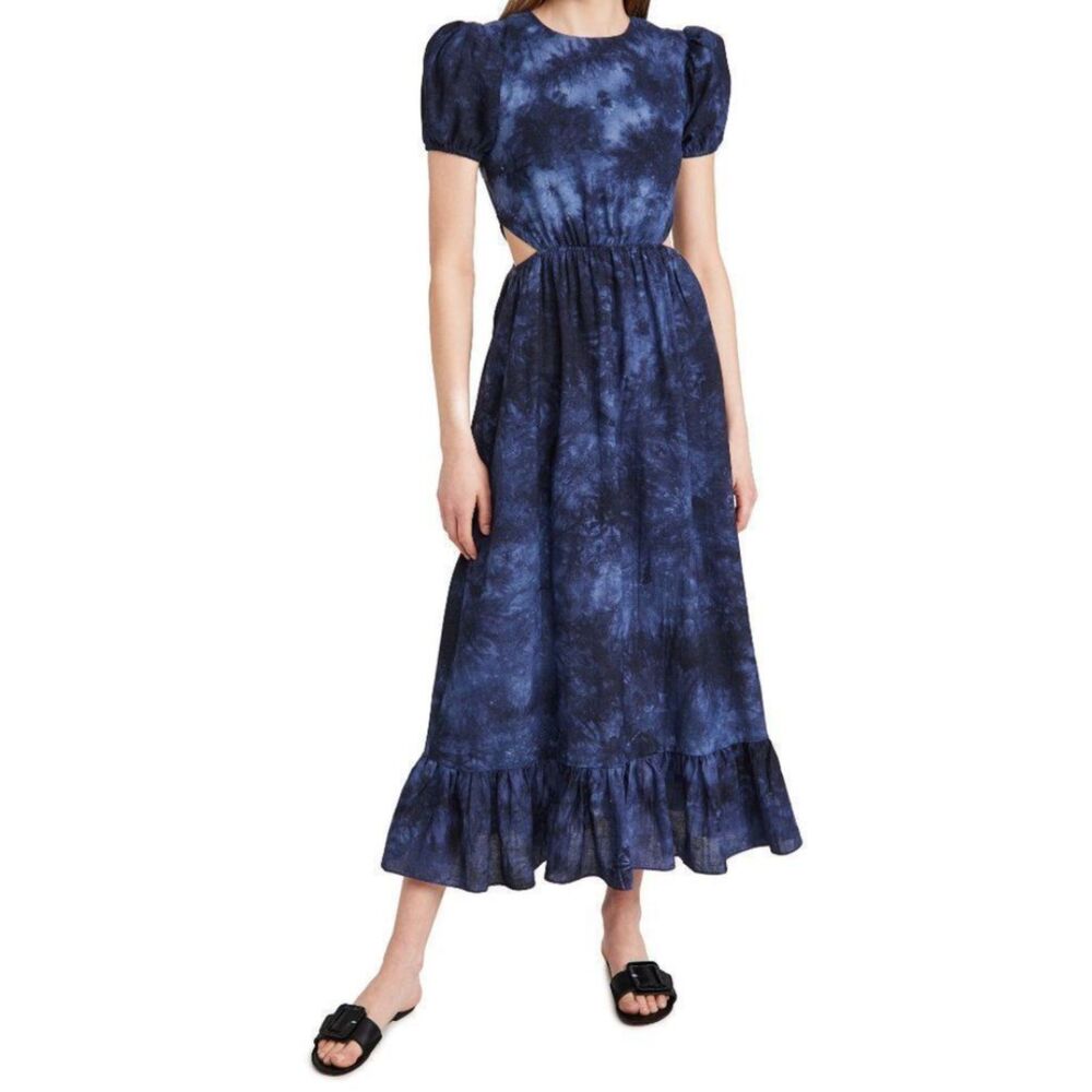 LIKELY Rosa Tie-Dye Midi Dress Cutout Puff Sleeve Navy Blue Size 4